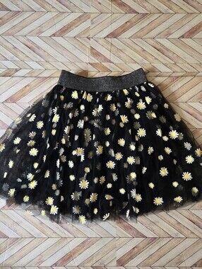 Black Daisy Print Tulle Mesh Skirt Elastic Waist Band Layered Floral Midi 7-8Y